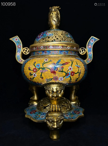 Filigree cloisonne three-body tiger foot stove, 49 cm