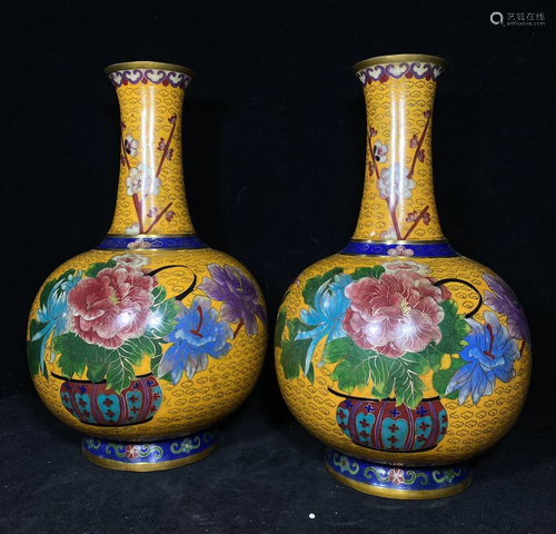 Cloisonne enamel pure copper peony vase, one vase is 35