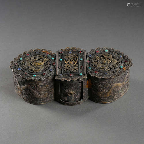 CHINESE SILVER GILT JEWEL BOX INLAID WITH TURQUOISES, QING D...