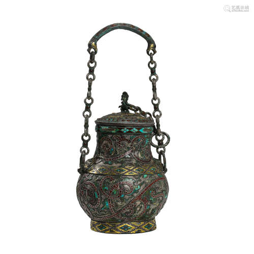 CHINESE BOTTLE INLAID WITH GOLD, SILVER, AGATES AND TURQUOIS...