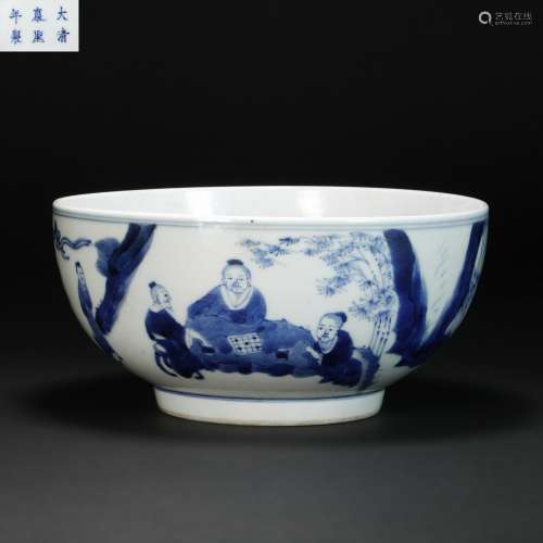 Blue and White Kiln Bowl with Human Story from Qing