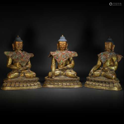 Copper and Golden Triple Buddha Statue from Qing