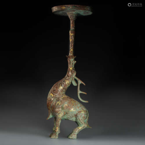 Copper and Golden Deer Lamp Holder from Han