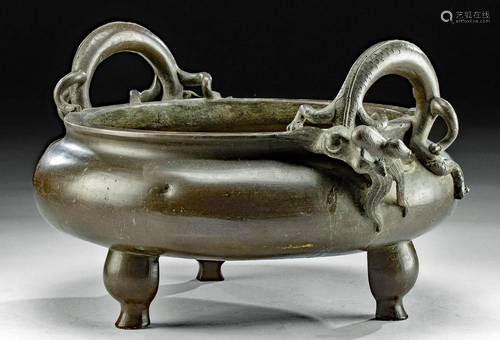 17th C. Chinese Qing Brass Censer Dragon Handles