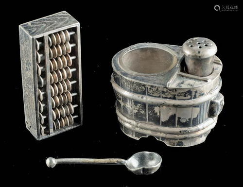 Japanese Meiji Silver Abacus + Salt Shaker / Cruet