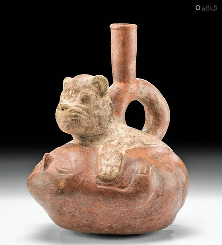 Moche Bichrome Stirrup Vessel Jaguar & Woman, ex-Museum