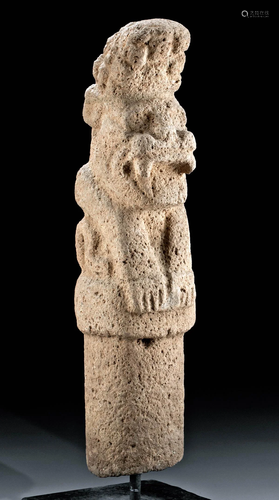 Tall Maya Stone Post Jaguar Holding Maize, ex-Museum