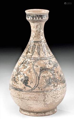 15th C. Thai Sawankhalok Glazed Jar w/ Spiky Leaf Motif