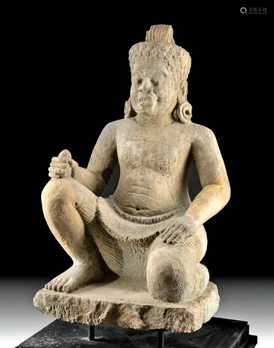 Large 10th C. Cambodian Khmer Stone Dvarapala Figure