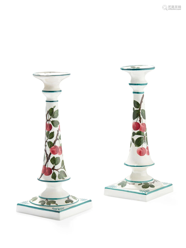 A PAIR OF WEMYSS WARE TALL CANDLESTICKS 'CHERRIES'