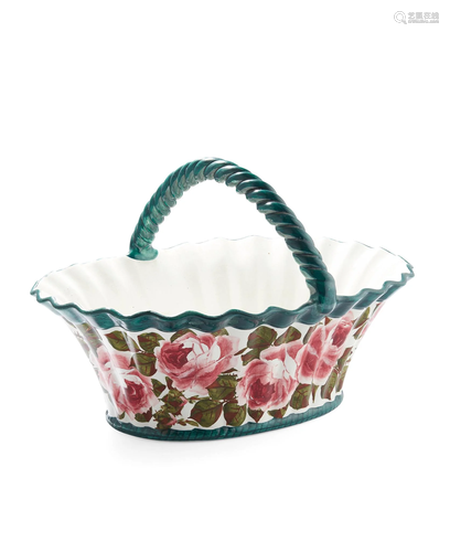 A LARGE WEMYSS WARE BASKET 'CABBAGE ROSES' PATTERN,