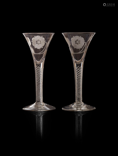 A FINE AND RARE PAIR OF JACOBITE ENGRAVED WINE GLASSES