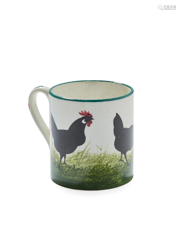 A SMALL WEMYSS WARE MUG 'BLACK COCKEREL & HENS'