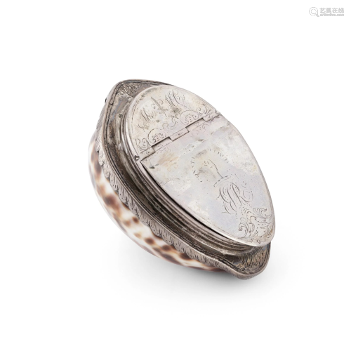 A SCOTTISH SILVER MOUNTED COWRIE SHELL SNUFF BOX LATE