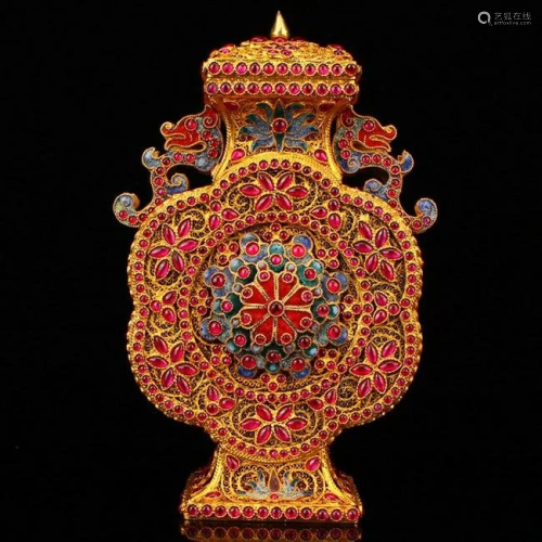 Qing Dy Gold Wire Inlay Ruby Double Dragon Vase