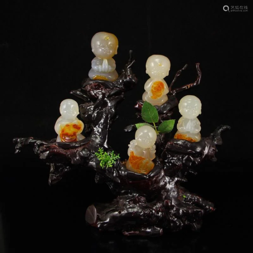 Chinese Natural Agate Five Fortune Kids Statue