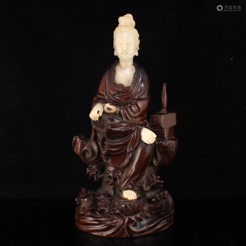 Zitan Wood Inlay Shoushan Stone Kwan-Yin Statue