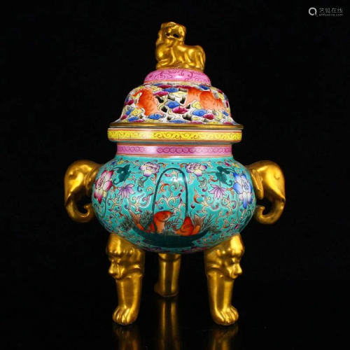 Qing Dy Gilt Gold Famille Rose Porcelain Incense Burner