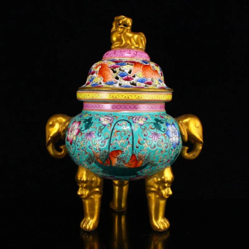 Qing Dy Gilt Gold Famille Rose Porcelain Incense Burner