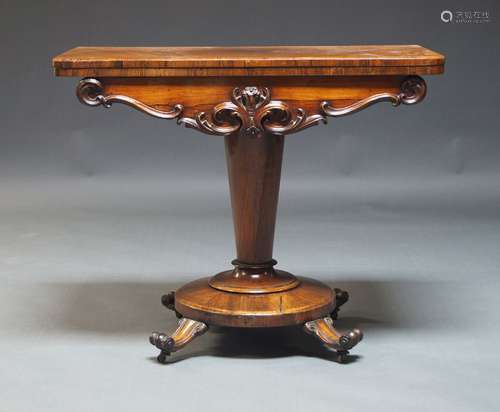 A William IV rosewood card table, the fold over top enclosin...