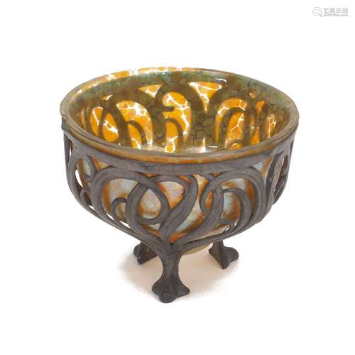 A glass bowl, 20th century, mounted on a pewter stand, the b...