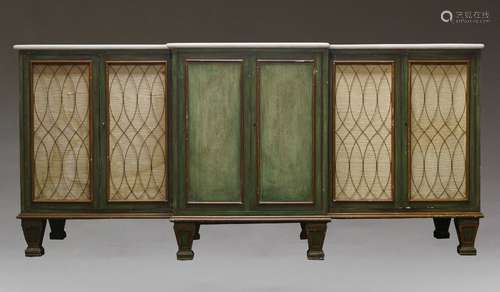 A Regency style green painted breakfront credenza, with whit...