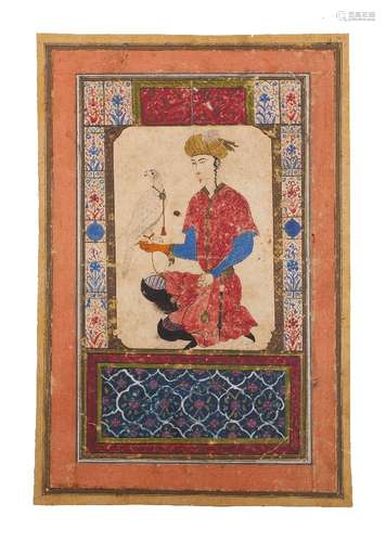 An Indian miniature painting of a kneeling falconer, 20th Ce...