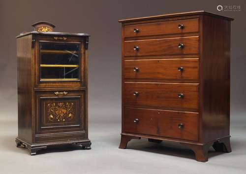 An Edwardian faux rosewood and inlaid music cabinet, with gl...