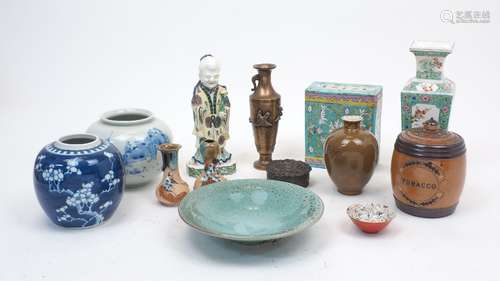 A group of Asian items, comprising: a ceramic pillow, a Chin...