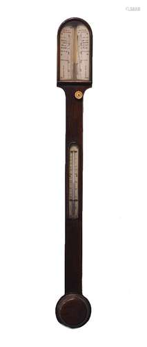 A Victorian stick barometer, the rosewood case with arched p...