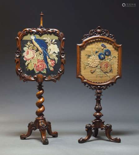 A Victorian mahogany pole screen, the glazed screen with fol...