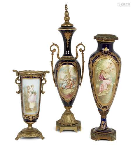 Three French Sevres style porcelain gilt-metal mounted vases...