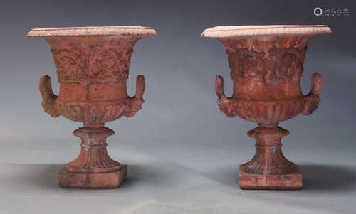 A pair of pink terracotta Campana garden urns, late 19th, ea...