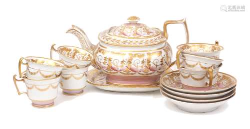 A Regency style part tea set, in pink, white and gold colour...