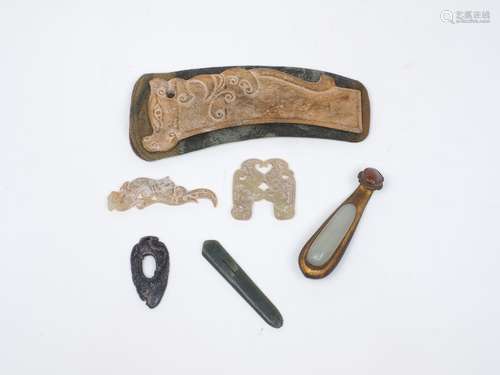 Six Chinese jade and hardstone carvings, including five arch...