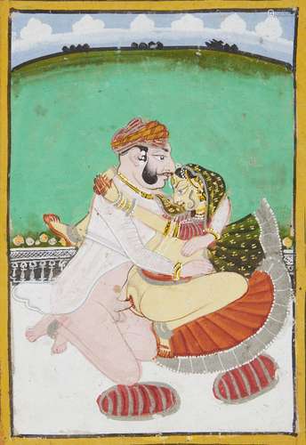 An erotic embrace, Rajasthan, circa 1850, opaque pigments on...