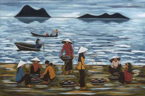 20th Century Vietnamese School, gouache on paper, women fish...