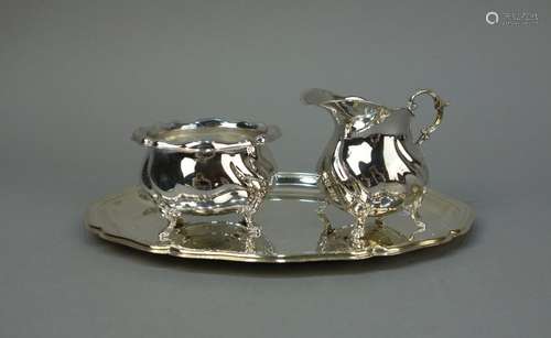 SILVER CREAMER AND SUGAR BOWL ON A TRAY