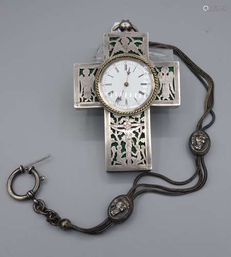 SILVER CLOCK IN THE SHAPE OF A CROSS WITH MASONIC SYMBOLS