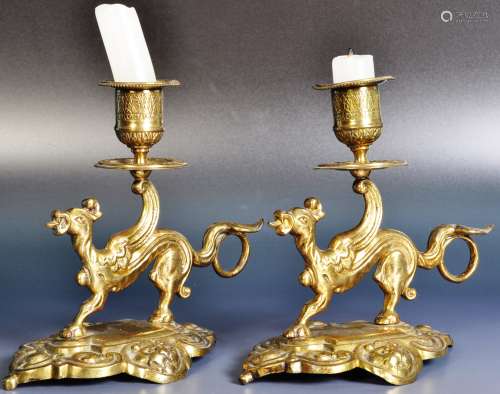 PAIR OF FRENCH GOTHIC ORMOLU MYTHICAL CREATURE CHAMBERSTICKS