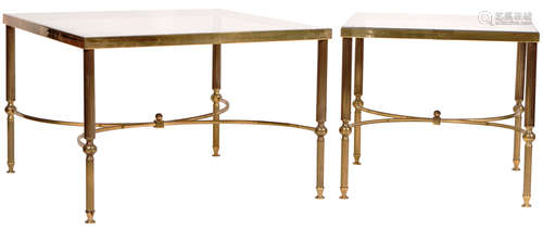 GRADUATING PAIR OF BRASS AND GLASS FRENCH COFFEE / SIDE TABL...