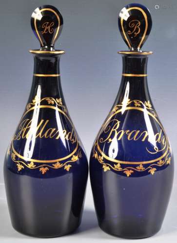 TWO 19TH CENTURY GEORGE III BRISTOL BLUE DECANTERS