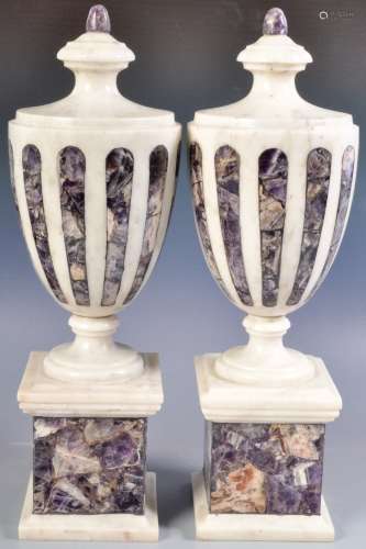 MATCHING PAIR GRAND TOUR TYPE MARBLE AND AMETHYST URNS