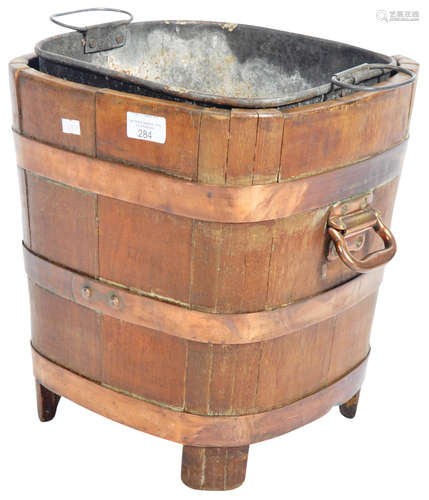 19TH CENTURY OAK & COPPER COOPERED BARREL PEAT BUCKET