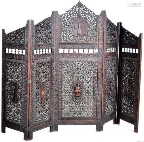 EARLY 20TH CENTURY HEAVILY CARVED INDIAN FIVE PANEL SCREEN
