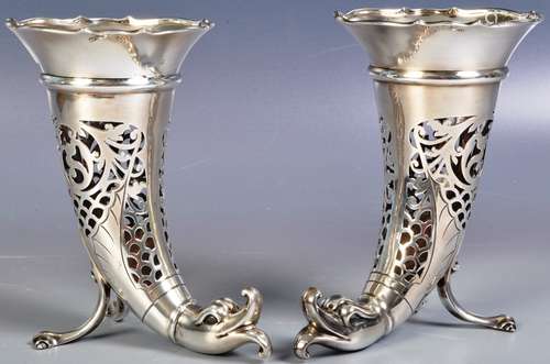 TWO EARLY 20TH CENTURY HALLMARKED SILVER CORNUCOPIAS