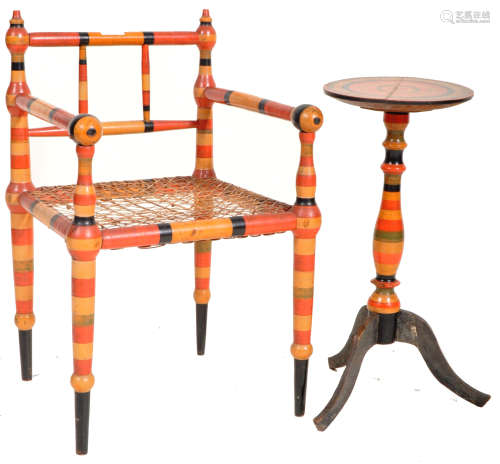 19TH CENTURY INDIAN / FOLK ART PAINTED CHAIR AND TRIPOD TABL...