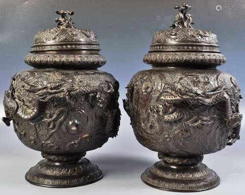 MATCHING PAIR OF 19TH CENTURY JAPANESE BRONZE URNS