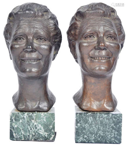 PAIR OF MODERN ART BRONZE SCULPTURES ON MARBLE BASES