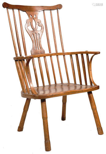 18TH CENTURY WELSH WINDSOR ARMCHAIR OF ELM AND OAK CONSTRUCT...